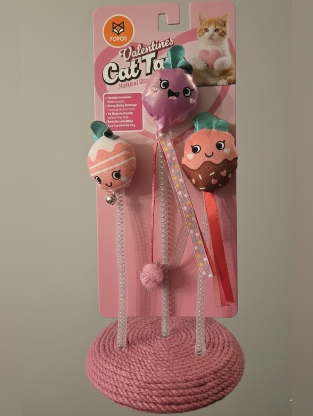 Strawberry Valentine Cat Toy Trio On Stand
